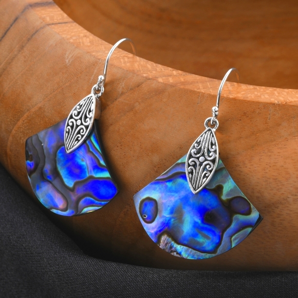 Abalone Shell Earrings, set in Sterling Silver 925. French Wire Fish Hooks. - Picture 5 of 5